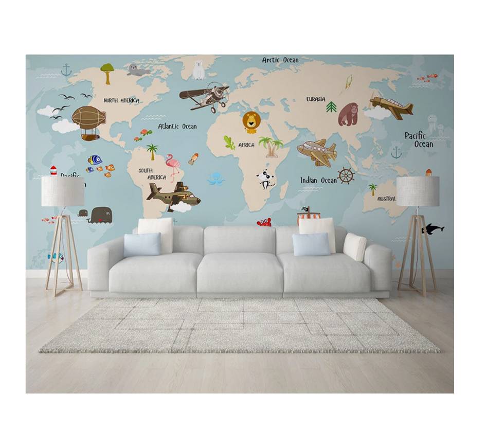 Hand Painted Wallpaper Nautical Animals Map Children Background Wall Covering